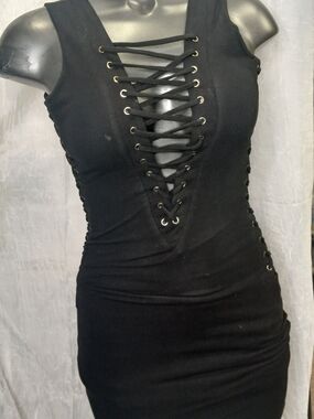 Hot & Delicious Black Lace-Up Plunge Bodycon Mini Dress